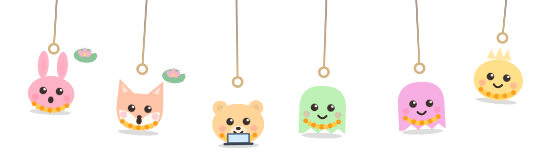 Six critters dangling on strings under the menu bar, wearing marigold garlands; two have lily pads beside them.