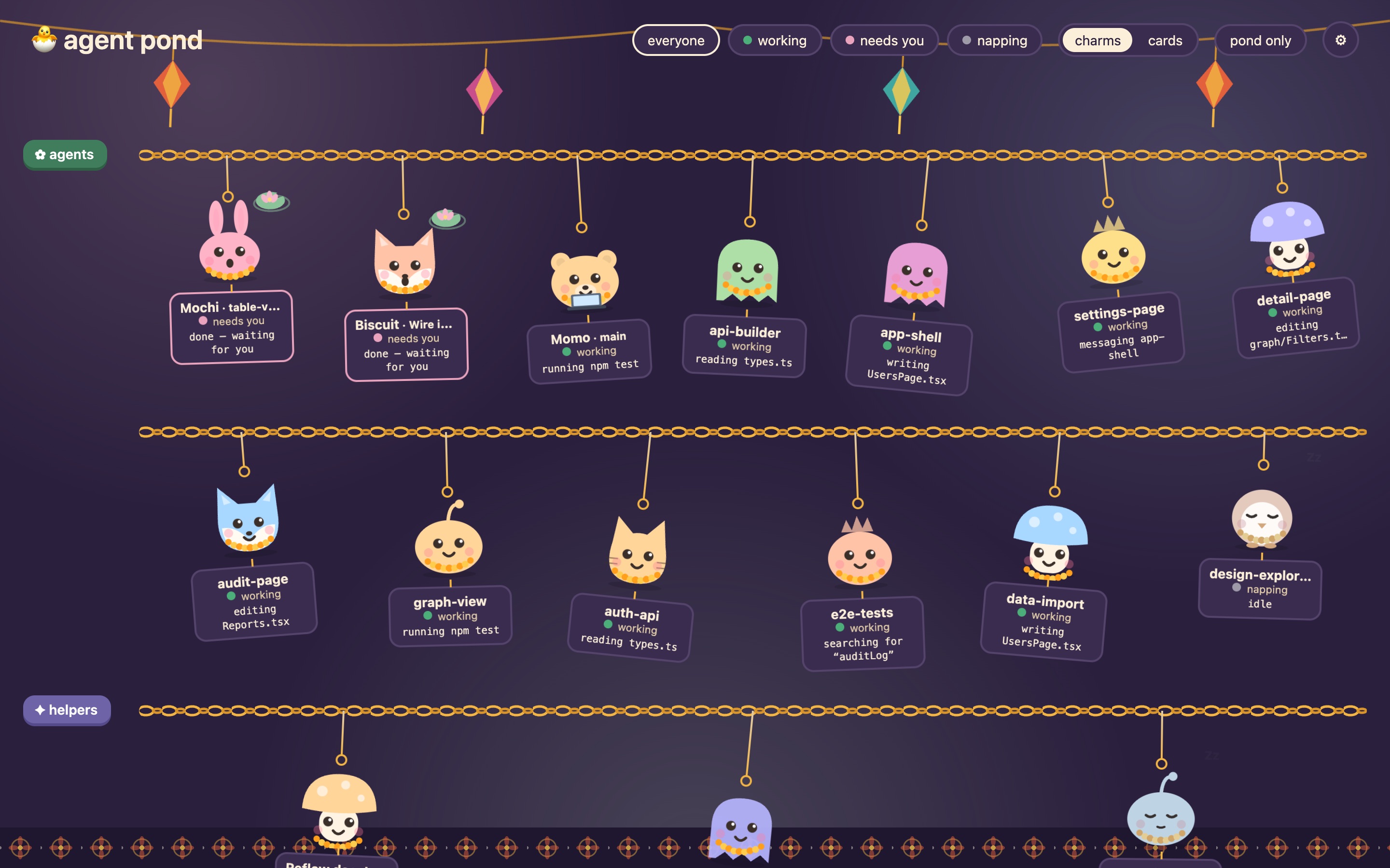 The Charmpond app in its Diwali season: a dozen agents hang as pastel critters from gold charm chains under paper lanterns. Mochi the bunny and Biscuit the fox float lily pads because they need you; the rest are working, and one owl naps.