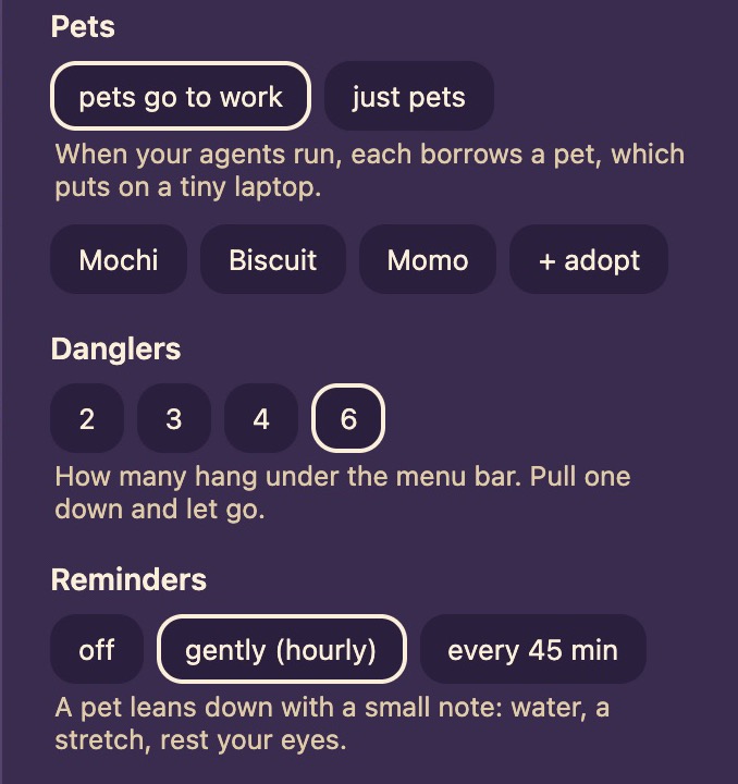 The pond settings window: pets, danglers and gentle reminders.